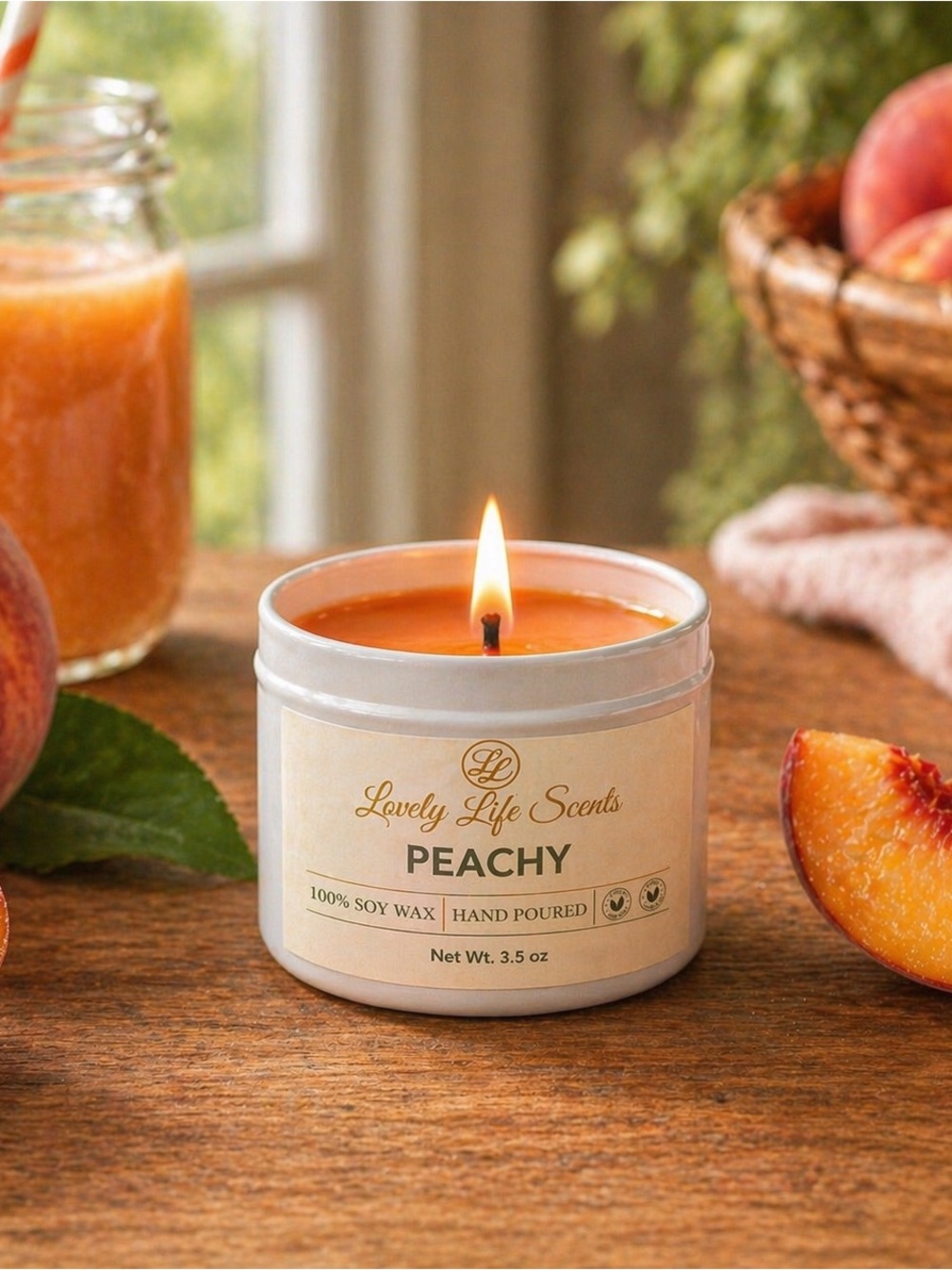 Peachy Mini 3.5oz Premium Soy Candle a Sweet Peach Nectar Aroma